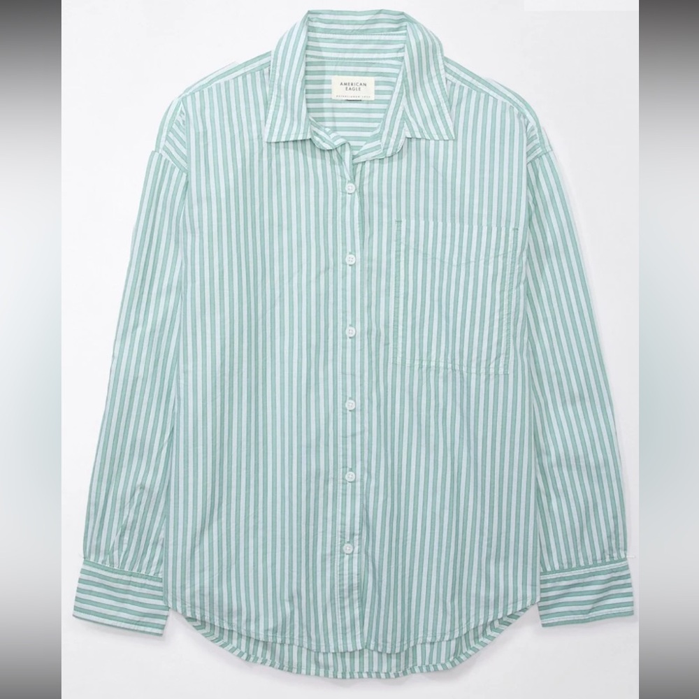 AEO women’s XL Pefect Button Up Shirt green and white striped oversized fit - Picture 3 of 7